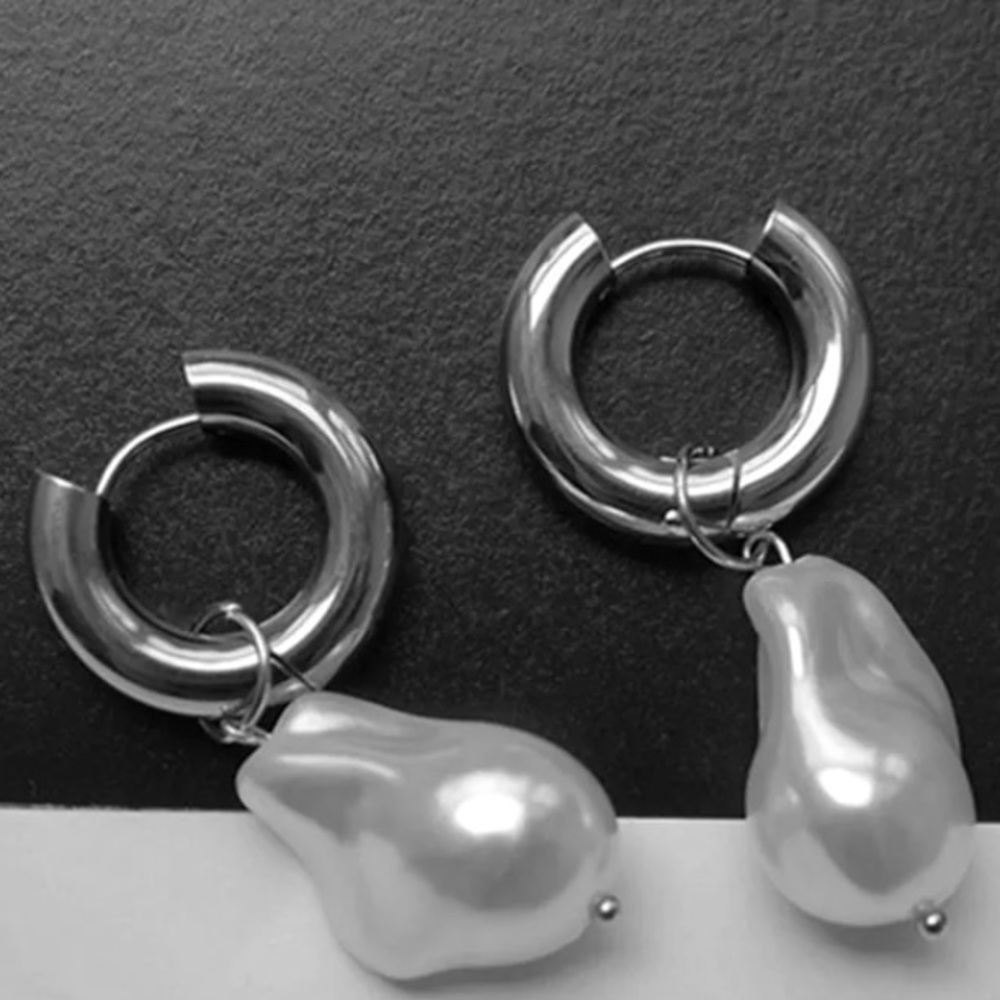 Silver Big Pearl Hoop Earrings